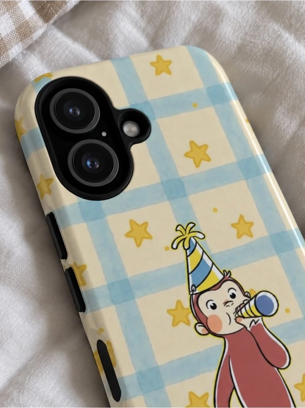 Curious Monkey Party iPhone Case Blue Plaid Star Tough Case